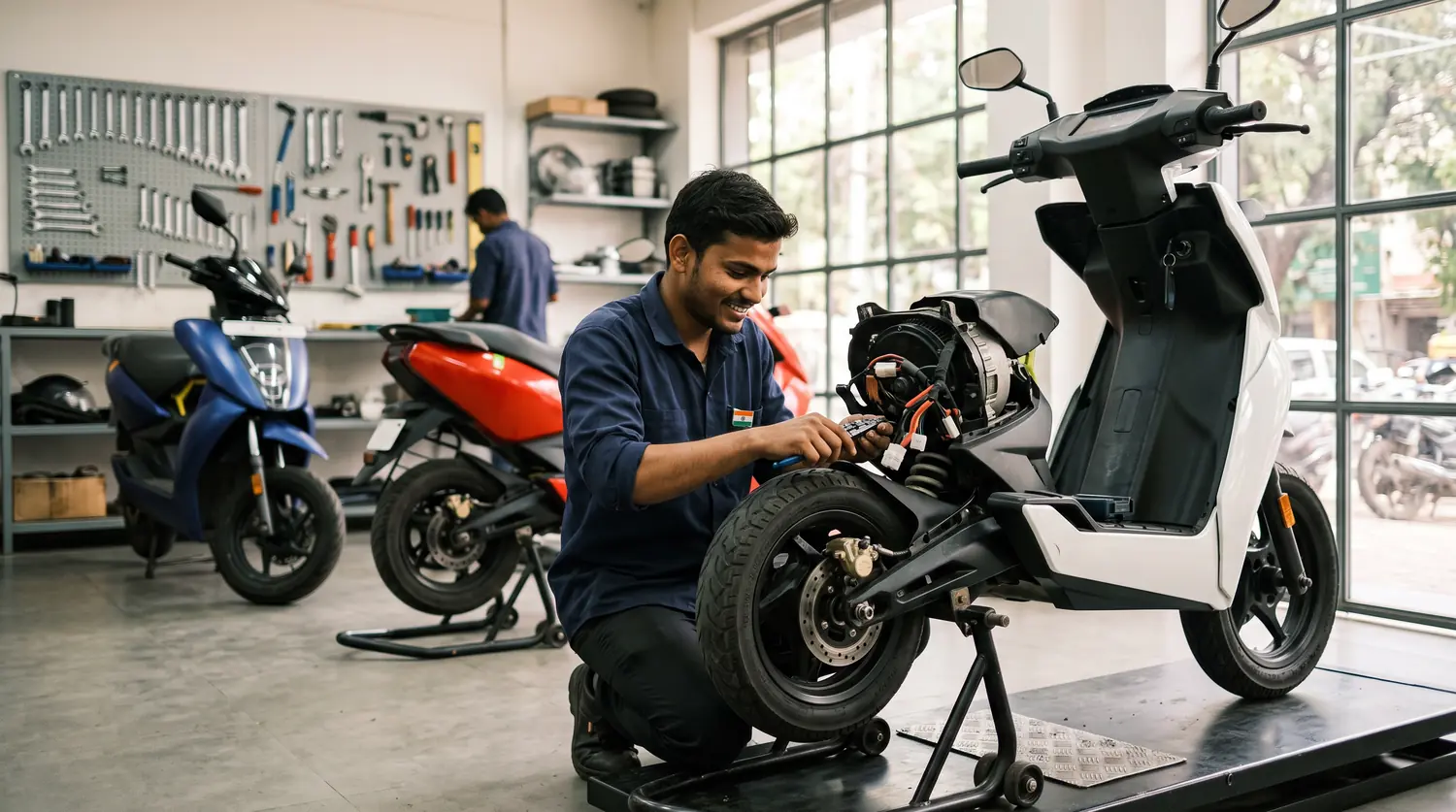 A technician checking the wiring of an electric scooter in a bright workshop