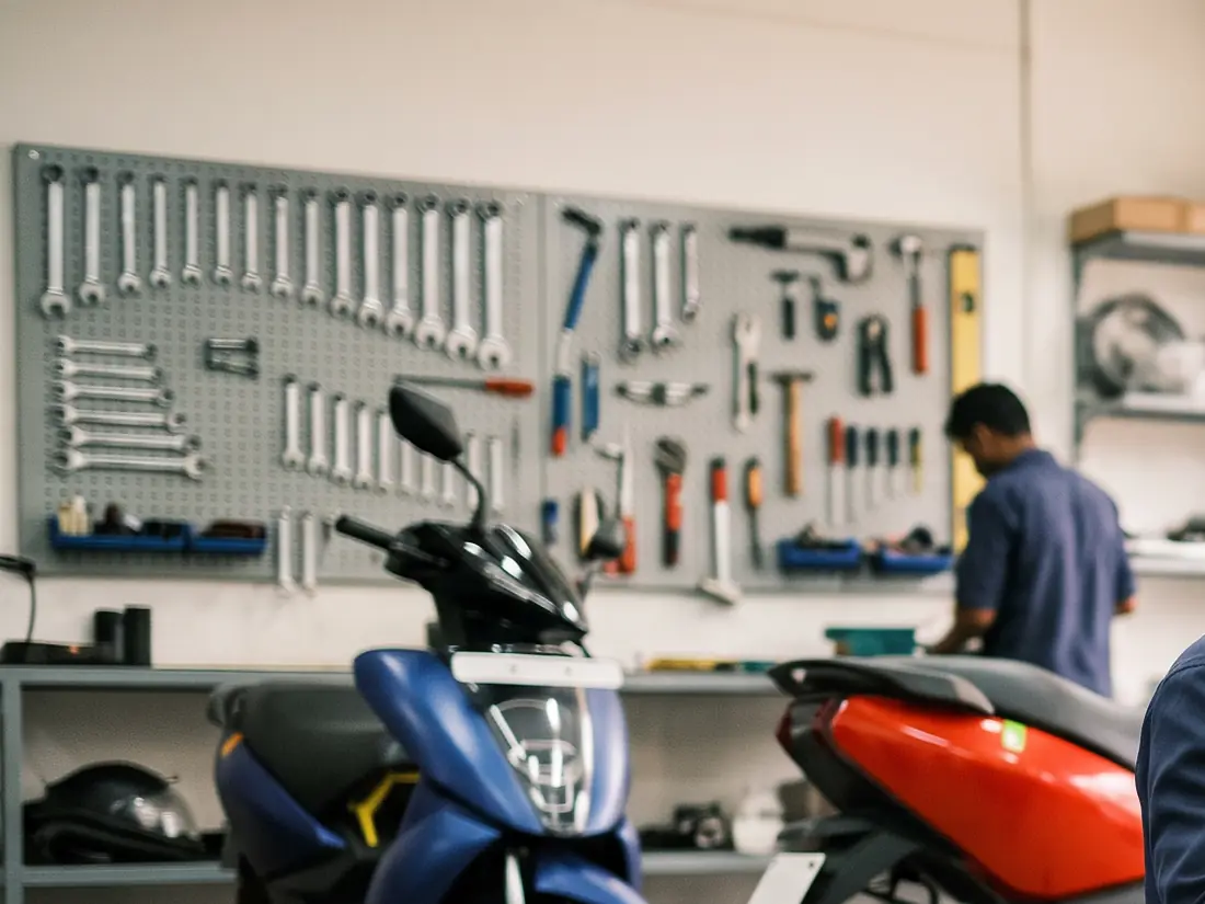 A tidy training workshop with electric scooters on service stands and a wall of tools